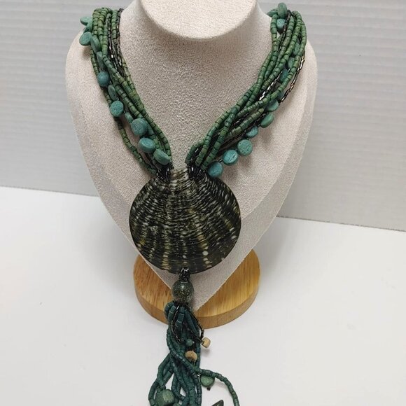 3/$30 Boho 70s Large Seashell Pendant Teal Wooden Bead Layered Necklacr Retro - Picture 1 of 10